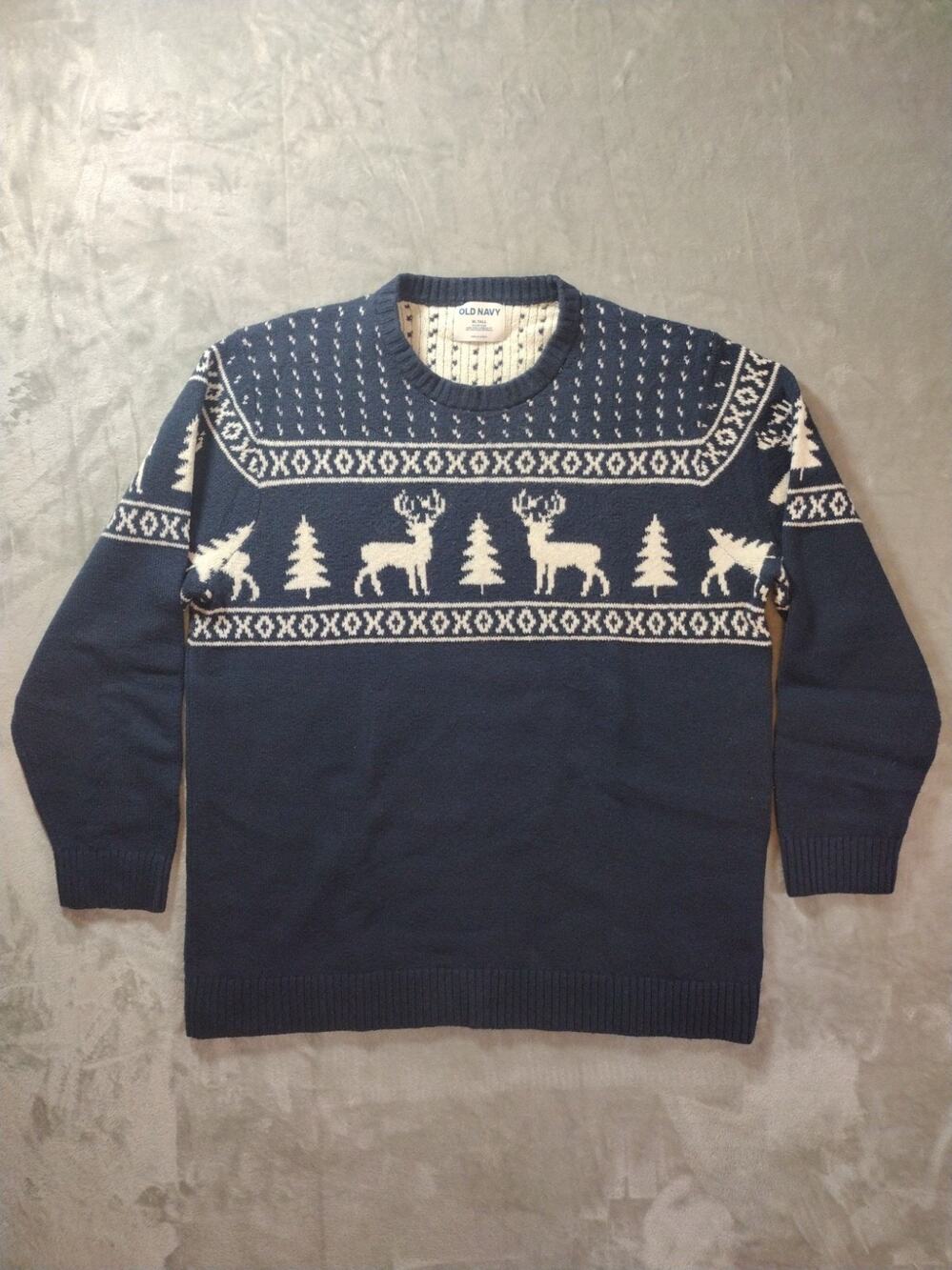 Old Navy Nordic Sweater Mens XL Blue White Fair Isle Reindeer Holiday Winter
